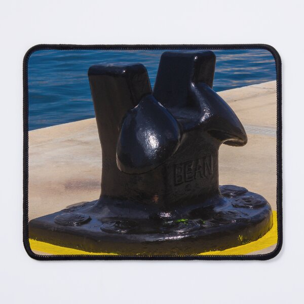 Item preview, Black Mooring Bollard On Concrete Pier By Blue Harbor Water With Yellow Painted Base designed and sold by Nmallia.