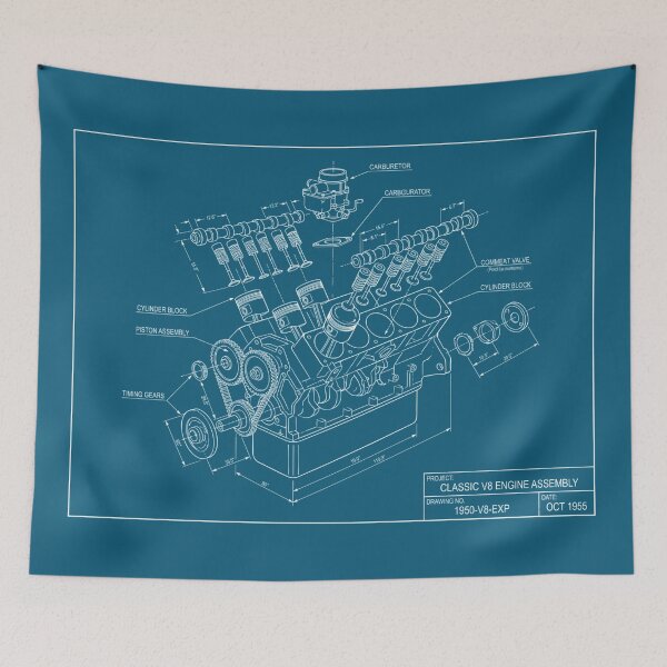 Item preview, V8 Engine Exploded View Blueprint - Industrial Engineering Art designed and sold by MarVan-Prints.