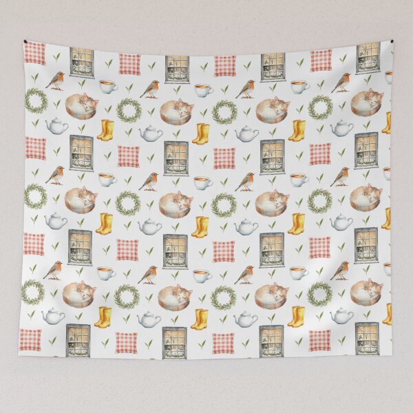Item preview, Cozy Winter Cottagecore Cat & Robin Watercolor designed and sold by HelgaCraftery.