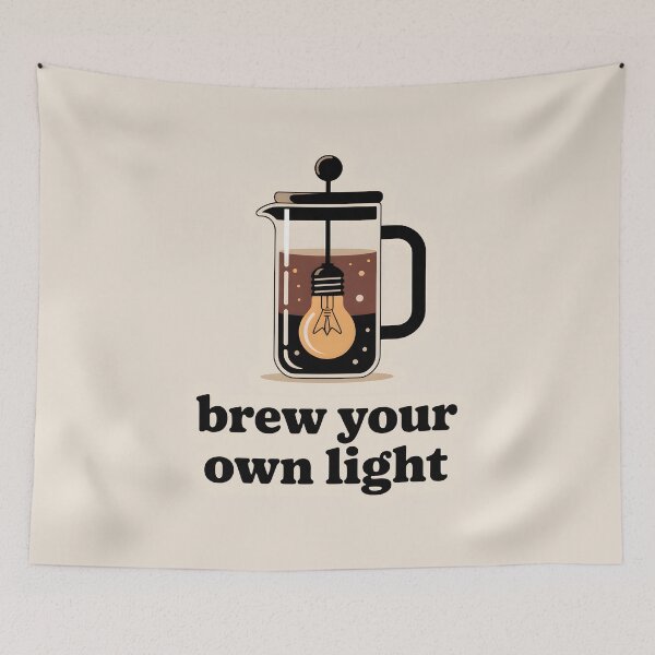 Item preview, Brew Your Own Light – Minimalist French Press Coffee Art, Glowing Inspiration Illustration designed and sold by Montodesign.