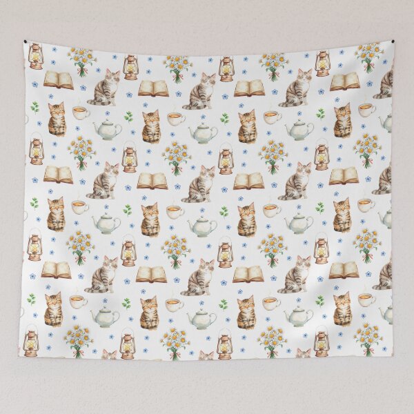 Item preview, Cozy Reading Cats and Tea Watercolor Pattern designed and sold by HelgaCraftery.