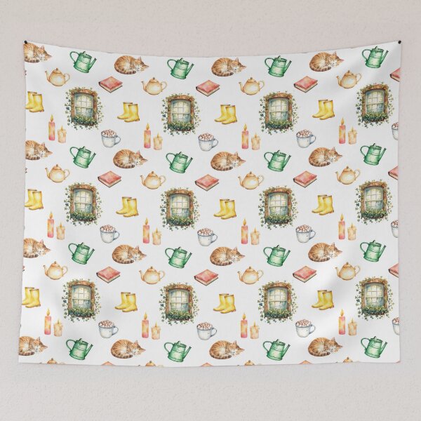 Item preview, Cozy Cottagecore Watercolor Pattern | Cats, Tea & Autumn Comfort designed and sold by HelgaCraftery.