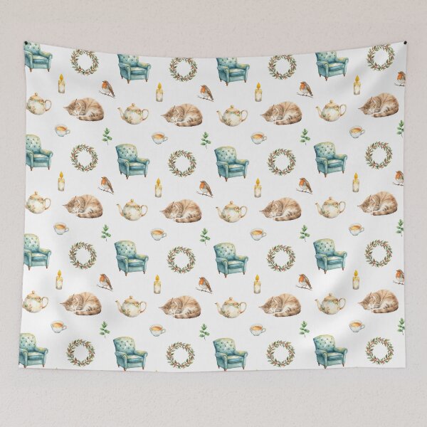 Item preview, Cozy Cottagecore Watercolor Pattern | Sleeping Cat, Tea & Calm Home Vibes designed and sold by HelgaCraftery.