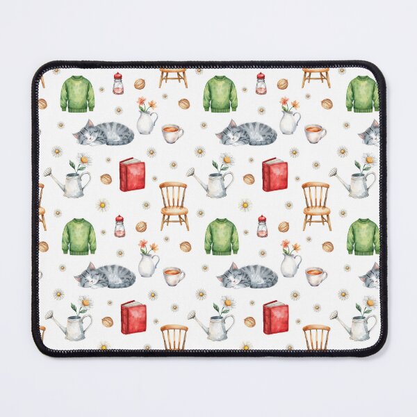 Item preview, Cozy Cottagecore Watercolor Pattern | Sleeping Cat, Tea, Flowers & Home Comfort designed and sold by HelgaCraftery.
