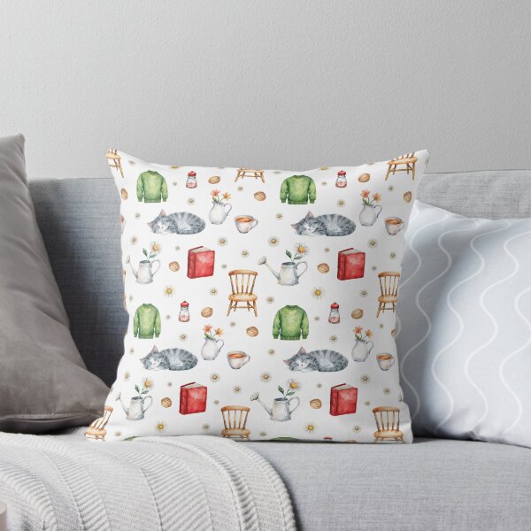 Item preview, Cozy Cottagecore Watercolor Pattern | Sleeping Cat, Tea, Flowers & Home Comfort designed and sold by HelgaCraftery.