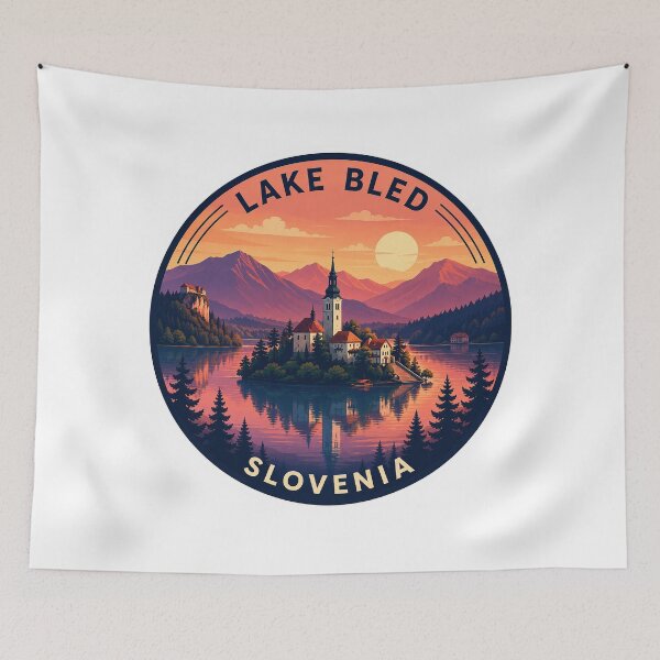 Item preview, Lake Bled Sunset Sticker – Slovenia Retro Travel Lake Art designed and sold by pod24.