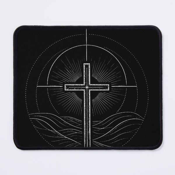 Item preview, Modern Christian minimalist fine eroded lineart shinning Jesus's cross over hills designed and sold by bard-art.
