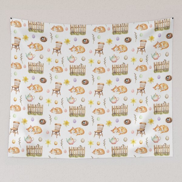 Item preview, Spring Cottagecore Watercolor Pattern | Sleeping Cat, Easter Eggs & Cozy Home designed and sold by HelgaCraftery.