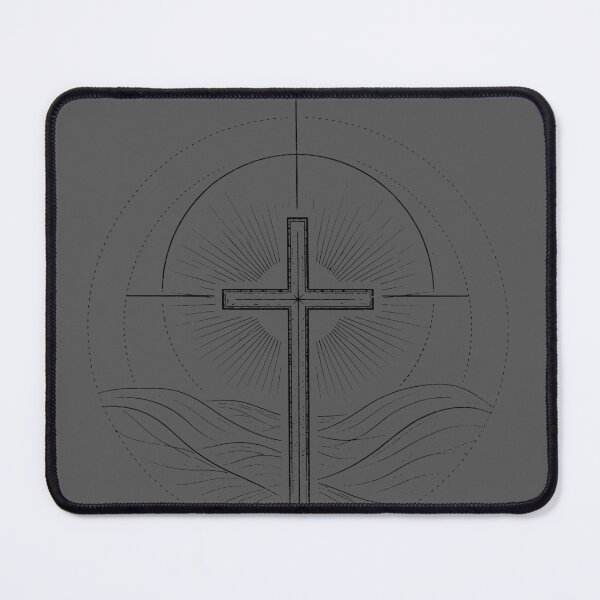 Item preview, Modern Christian minimalist fine eroded lineart shinning Jesus's cross over hills black designed and sold by bard-art.