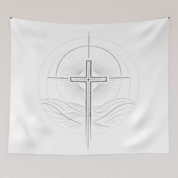 Item preview, Modern Christian minimalist fine eroded lineart shinning Jesus's cross over hills black designed and sold by bard-art.