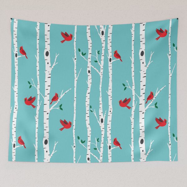 Item preview, Cardinals among the birch trees on aqua blue designed and sold by Jennifer Ladd.