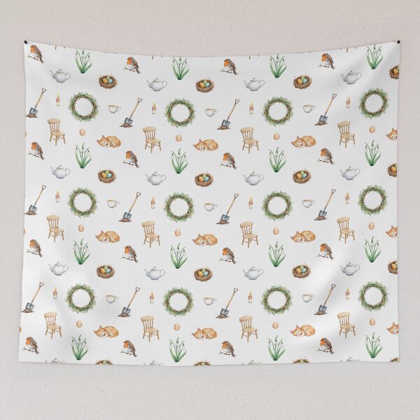 Item preview, Spring Cottagecore Watercolor Pattern | Garden Wreath, Cat & Cozy Home designed and sold by HelgaCraftery.