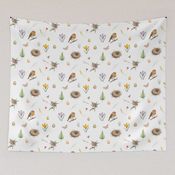 Item preview, Spring Cottagecore Watercolor Pattern | Robin, Flowers & Woodland Nature designed and sold by HelgaCraftery.
