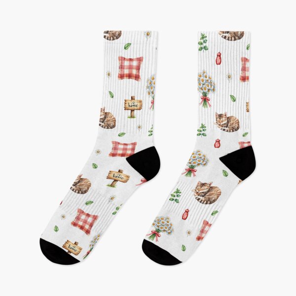 Item preview, Cozy Cottagecore Watercolor Pattern | Sleeping Cat, Daisies & Home Sign designed and sold by HelgaCraftery.