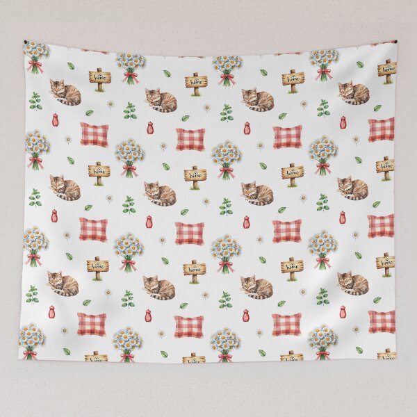 Item preview, Cozy Cottagecore Watercolor Pattern | Sleeping Cat, Daisies & Home Sign designed and sold by HelgaCraftery.