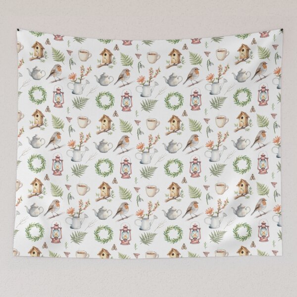 Item preview, Cottagecore Watercolor Pattern | Robin, Birdhouse & Cozy Woodland Home designed and sold by HelgaCraftery.