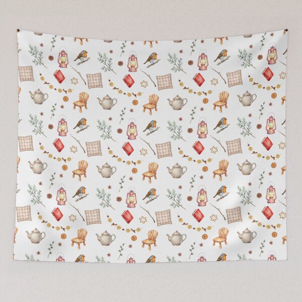 Item preview, Cozy Cottagecore Watercolor Pattern | Robin, Lantern & Hygge Comfort designed and sold by HelgaCraftery.