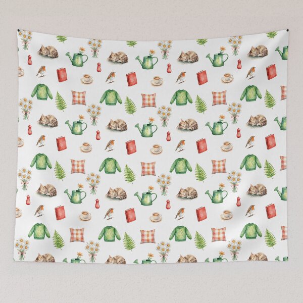 Item preview, Cozy Cottagecore Watercolor Pattern | Cat, Book, Tea & Gentle Home Vibes designed and sold by HelgaCraftery.