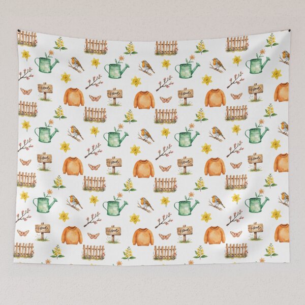 Item preview, Spring Cottagecore Watercolor Pattern | Robin, Flowers & Cozy Home designed and sold by HelgaCraftery.