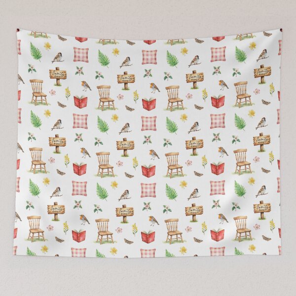 Item preview, Spring Cottagecore Watercolor Pattern | Family Time, Birds & Cozy Home designed and sold by HelgaCraftery.