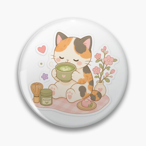 Item preview, Cute Calico Cat on spring drinking matcha designed and sold by MochiBunnyDiaries.
