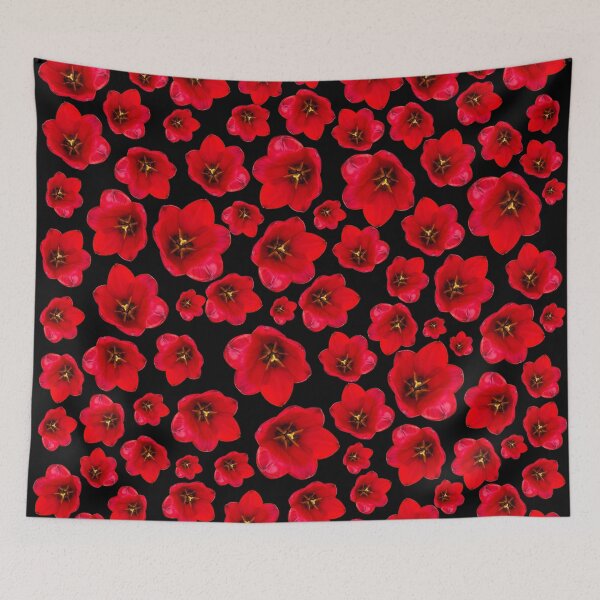 Item preview, English Garden – Red Tulip Floral Pattern on Black designed and sold by PurrfectWhisper.