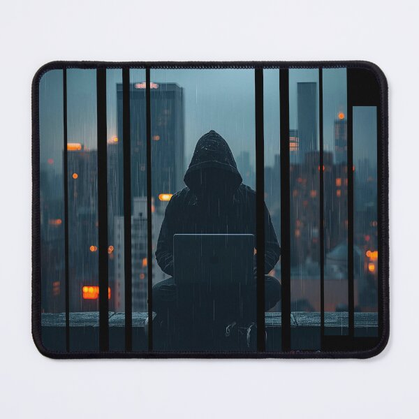 Item preview, Rebel hacker on rooftop under data rain 3 designed and sold by Neon G.