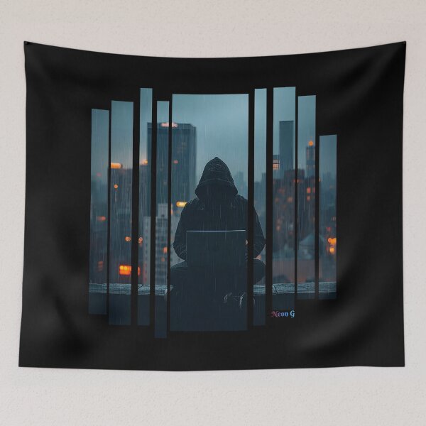 Item preview, Rebel hacker on rooftop under data rain 3 designed and sold by Neon G.