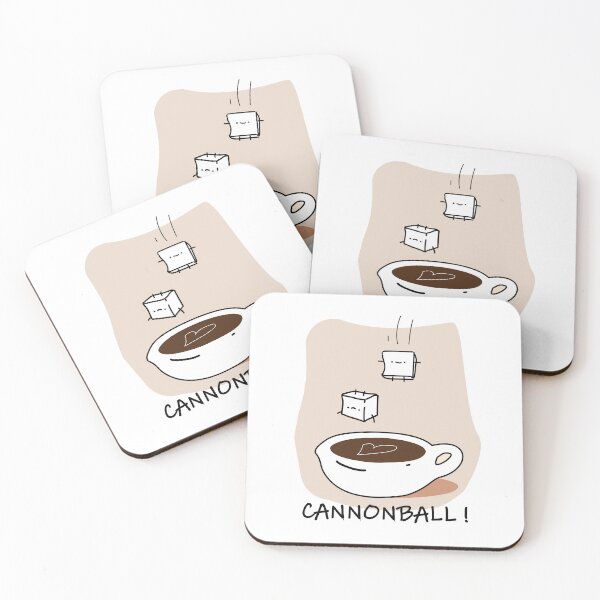 Item preview, Cute doodle of sugar cubes jumping into coffee cup with heart shaped reflection and Cannonball text, funny caffeine concept designed and sold by JOCSTOCK.
