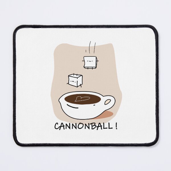 Item preview, Cute doodle of sugar cubes jumping into coffee cup with heart shaped reflection and Cannonball text, funny caffeine concept designed and sold by JOCSTOCK.