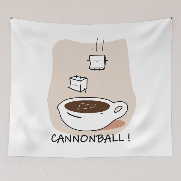 Item preview, Cute doodle of sugar cubes jumping into coffee cup with heart shaped reflection and Cannonball text, funny caffeine concept designed and sold by JOCSTOCK.