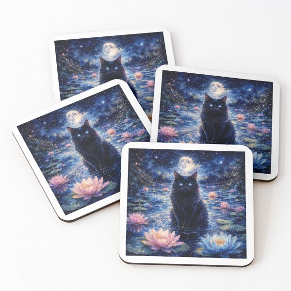 Item preview, Moonlit Black Cat Water Lily Fantasy Art designed and sold by AMICO77.