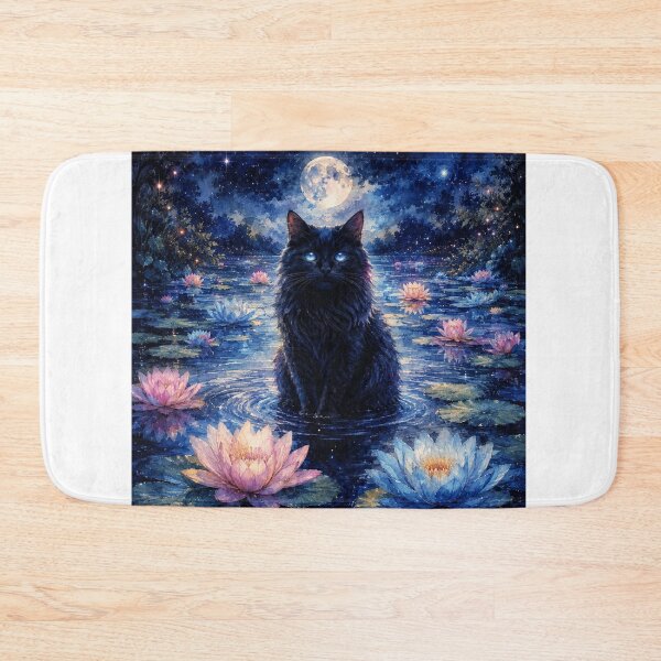 Item preview, Moonlit Black Cat Water Lily Fantasy Art designed and sold by AMICO77.