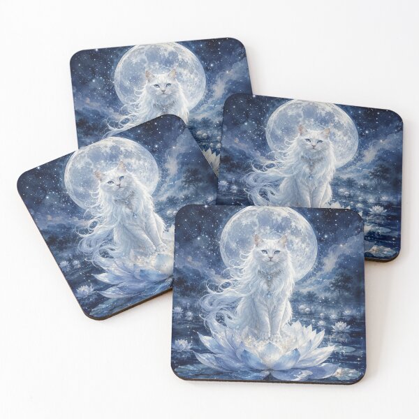 Item preview, Moonlit Celestial White Cat on Water Lilies Fantasy Art designed and sold by AMICO77.