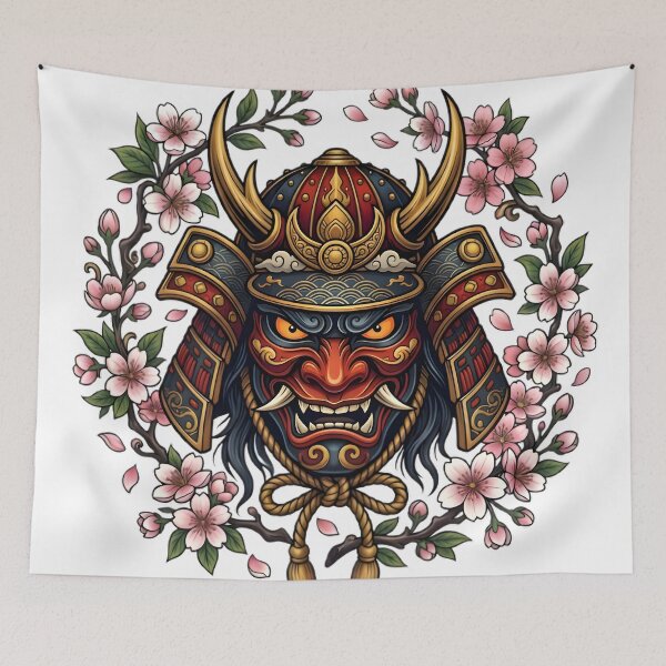 Item preview, Japanese Samurai Oni Mask with Cherry Blossoms designed and sold by elementos20.