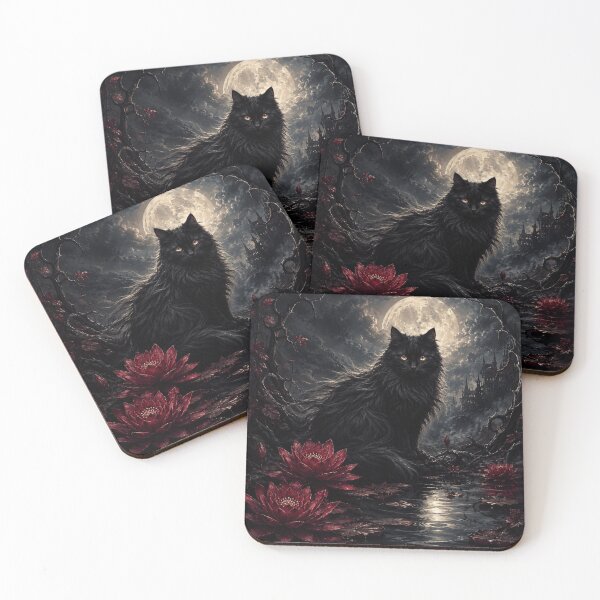 Item preview, Gothic Moonlit Black Cat & Crimson Water Lilies designed and sold by AMICO77.