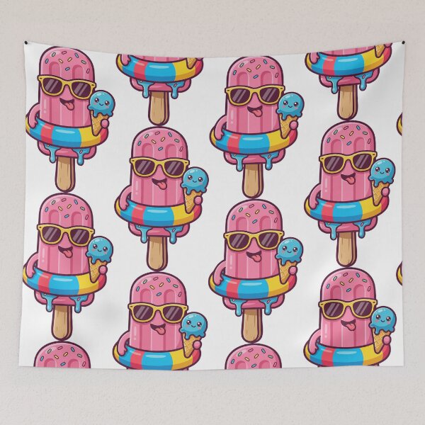Item preview, Cute kawaii pink popsicle in swim ring - Summer vibes illustration designed and sold by Painted Planet.