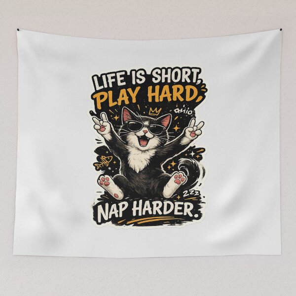Item preview, Life Is Short Play Hard Nap Harder Funny Cat Retro Shirt designed and sold by Pawvetica.