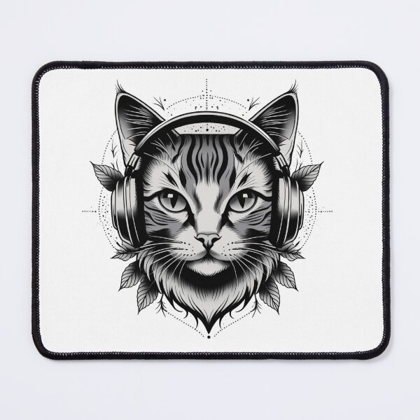 Item preview, Tattoo Style Cat Face Headphones — Fine Line Black Grey Dotwork Music Cat Flash Art  designed and sold by HOODYBUDSTYLES.