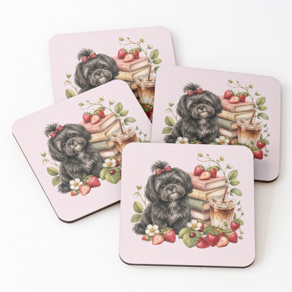 Item preview, Black Shih Tzu with Books Strawberries and Iced Coffee | Cute Bookish Dog Design designed and sold by tamdevo1.