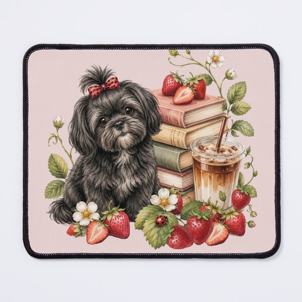 Item preview, Black Shih Tzu with Books Strawberries and Iced Coffee | Cute Bookish Dog Design designed and sold by tamdevo1.