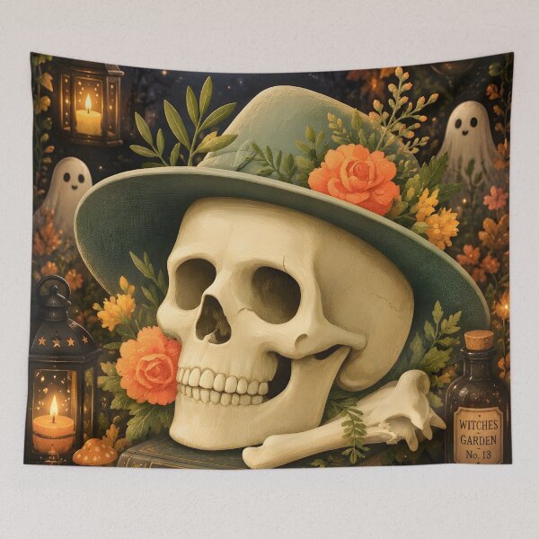 Item preview, Halloween 19 - Vintage Floral Skull in Wide Brim Green Hat designed and sold by NikaNavi.