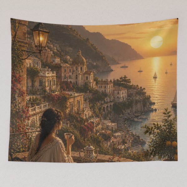 Item preview, Amalfi Coast Sunset Mediterranean Terrace Art designed and sold by Creative_Canvas.