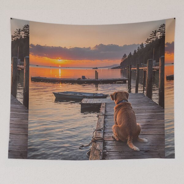 Item preview, Dog at the Dock Wall Art, Sunset Lake House Print, Coastal Cabin Decor designed and sold by BeautifulVirtues.