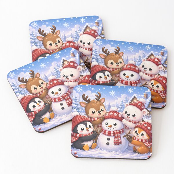 Item preview, Cozy Winter Friends Kawaii Christmas Animals Building a Snowman designed and sold by GMACgraphicsCo.