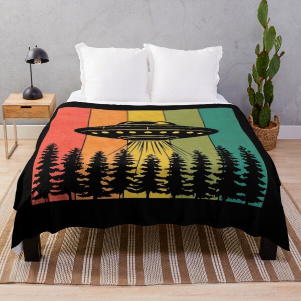 Item preview, Retro UFO flying saucer over pine forest with colorful stripes designed and sold by Rue Market.
