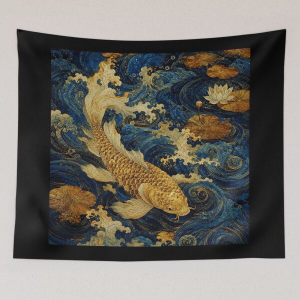 Item preview, Golden Koi Fish Art Deep Blue Water Illustration designed and sold by eliramaison.