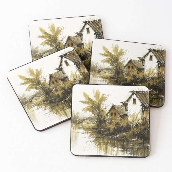 Item preview, Rustic Riverside Village Watercolor Landscape  designed and sold by Modaozushi216.