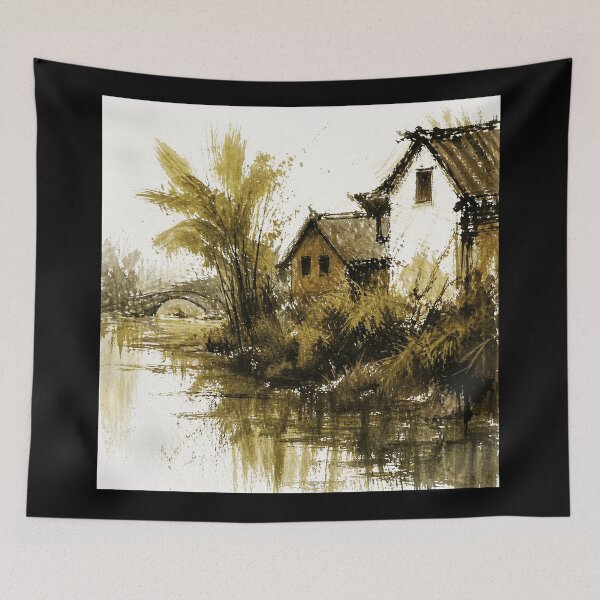 Item preview, Rustic Riverside Village Watercolor Landscape  designed and sold by Modaozushi216.