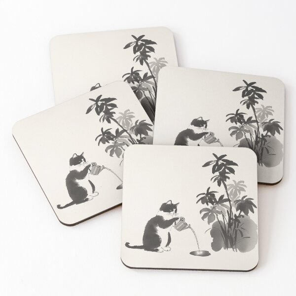 Item preview, Sumi-e Cat Watering Plants – Minimalist Japanese Ink Wash Art designed and sold by LEO'S CREATURE　れおずくりーちゃー.